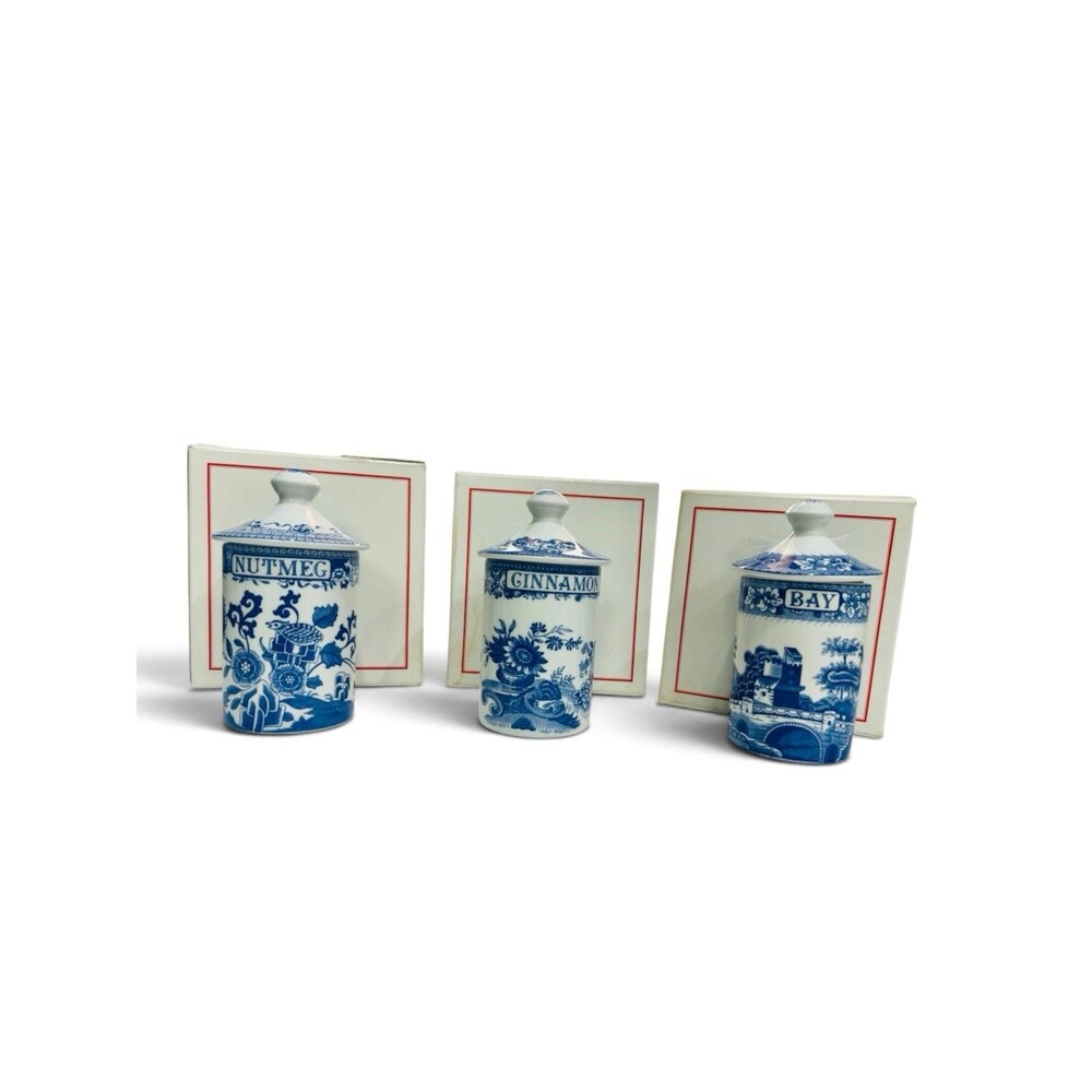 Spode Blue Italian Spice Jars Set of 3 Nutmeg Cinnamon Bay Leaves w/ Boxes
